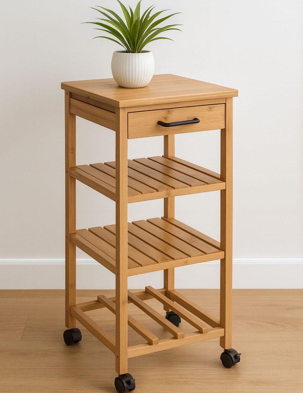 עגלת שירות עם מגירה מבמבוק על גלגלים