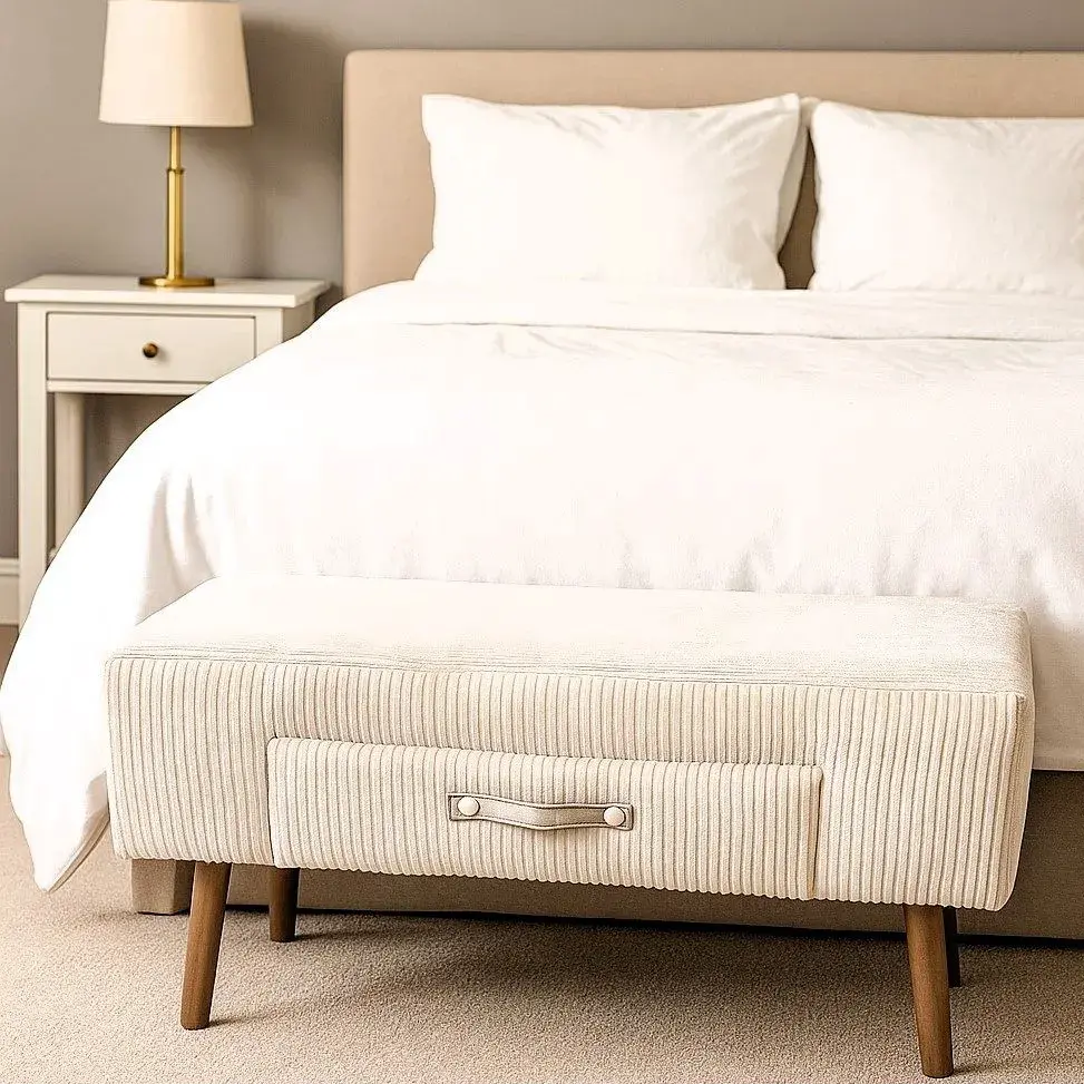 הדום + מגירה דגם פסים - בד קורדרוי שמנת