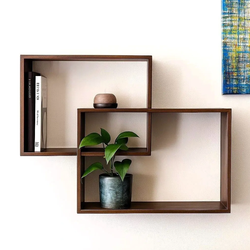 מדף כפול עץ מלא לתליה - צבע חום מהגוני